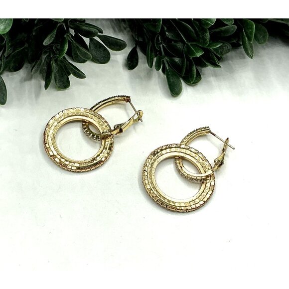 Gold Tone  Rhinestone Open Circle Leverback Drop Earrings Elegant Jewelry - Picture 4 of 9
